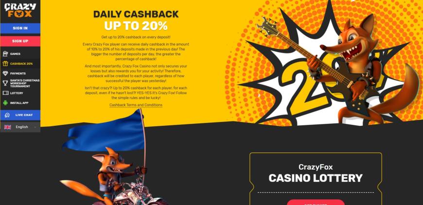 CrazyFox Casino cashback